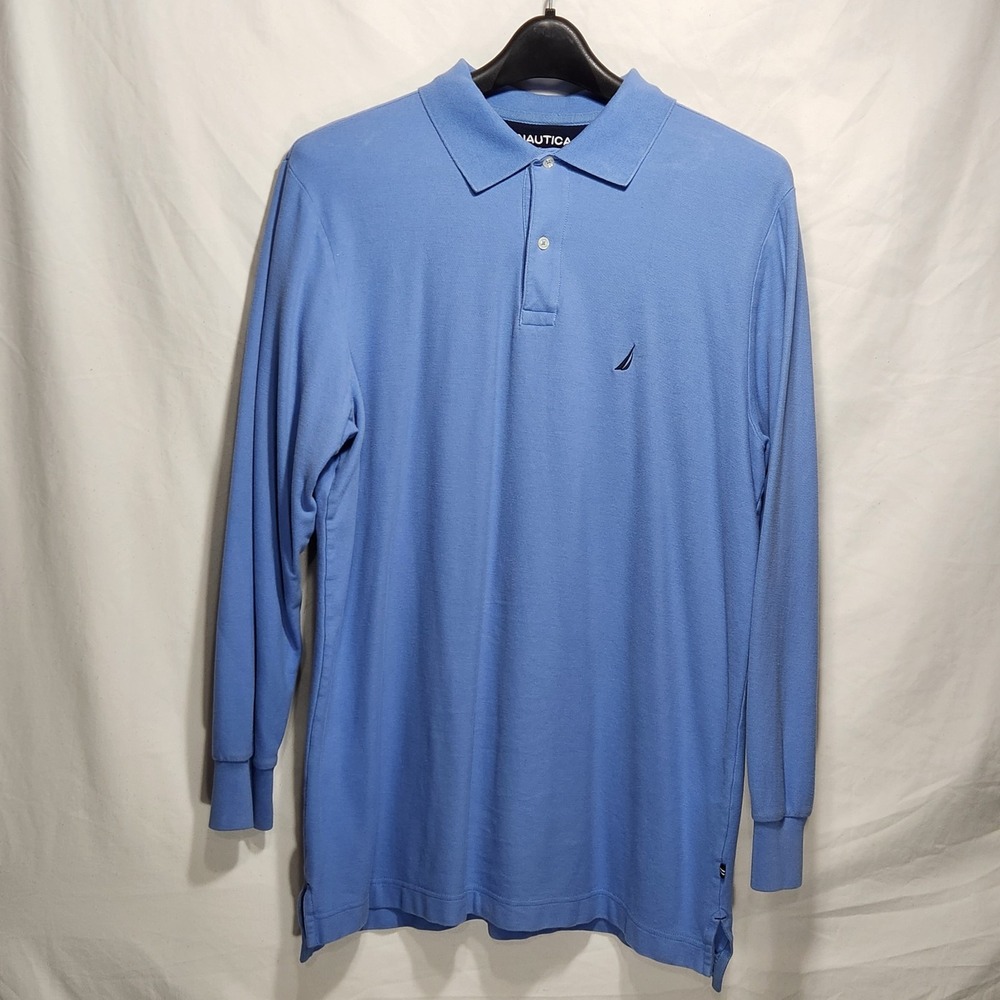 Nautica True Deck Shirt Mens Polo‎ Long Sleeve Size LT Light Blue w/ Navy Logo